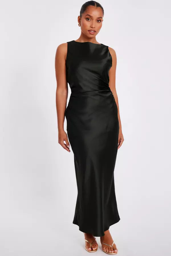 Petite Olive Satin Ruched Midaxi Dress
