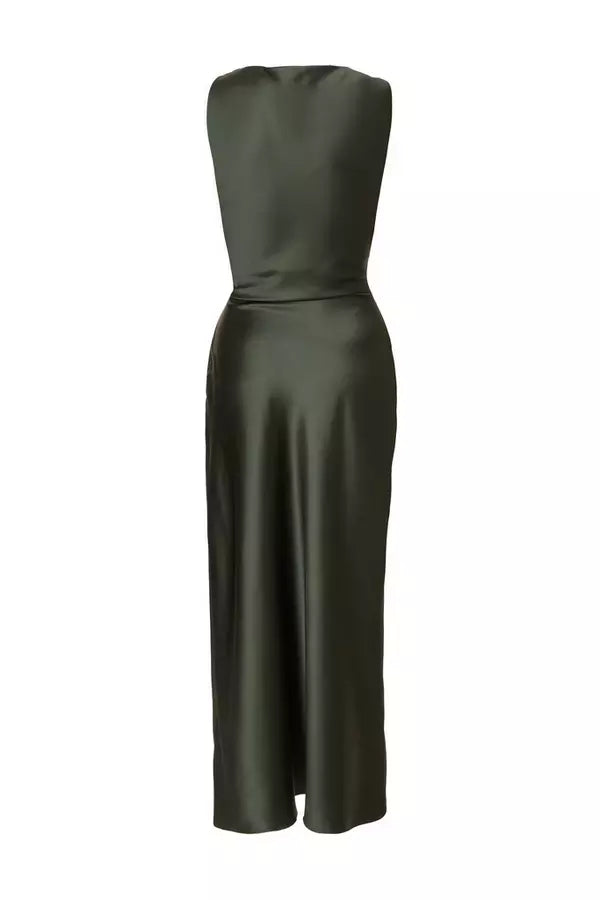 Petite Olive Satin Ruched Midaxi Dress