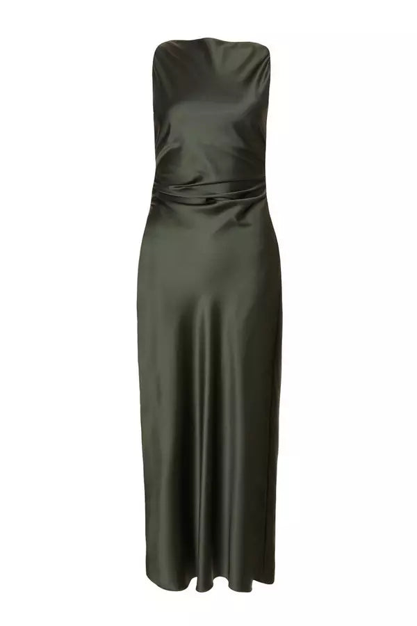 Petite Olive Satin Ruched Midaxi Dress