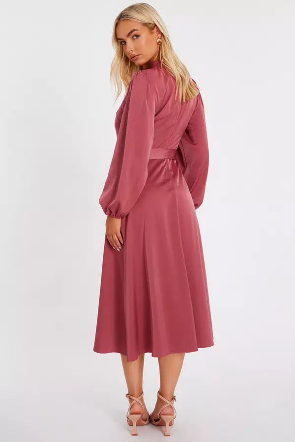 Mauve Satin Button Front Midaxi Dress