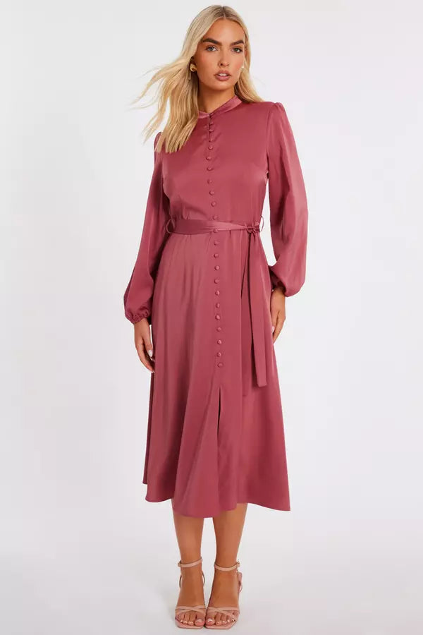 Mauve Satin Button Front Midaxi Dress