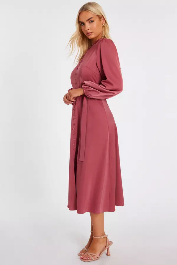 Mauve Satin Button Front Midaxi Dress