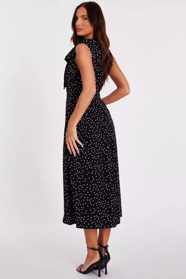 Black Tie Neck Polka Dot Midaxi Dress