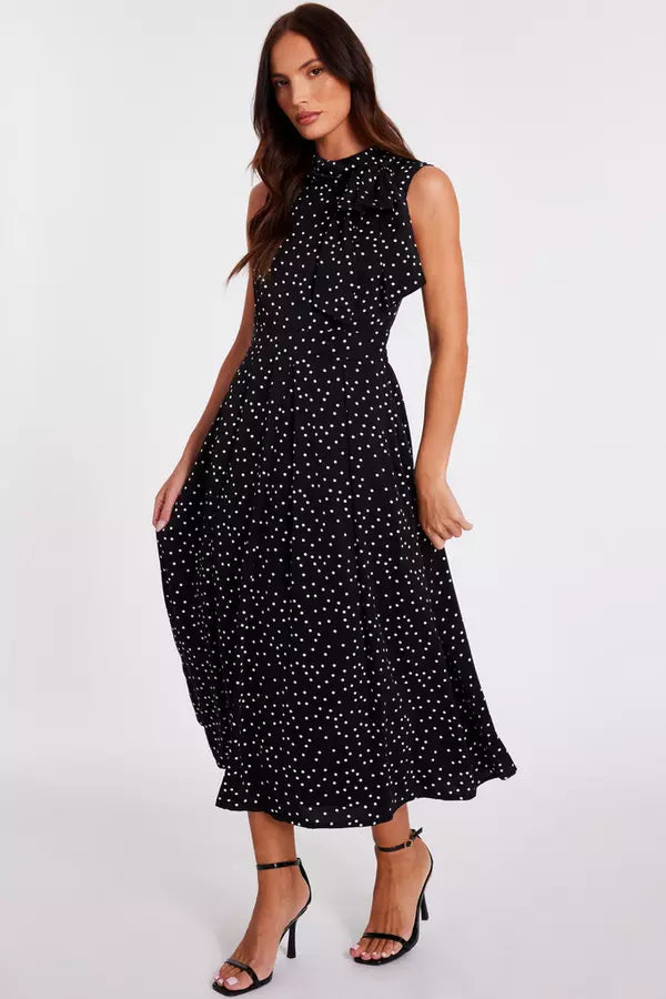 Black Tie Neck Polka Dot Midaxi Dress