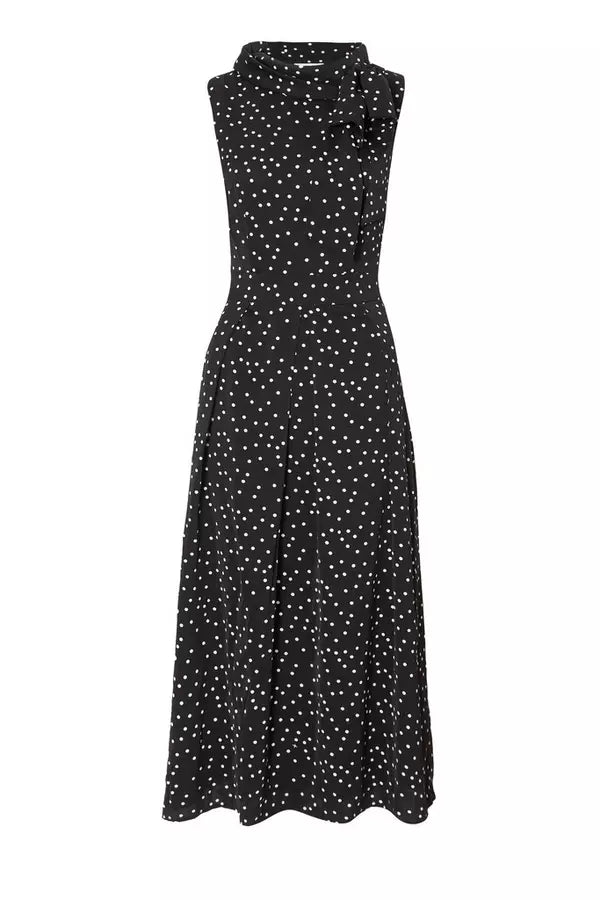 Black Tie Neck Polka Dot Midaxi Dress