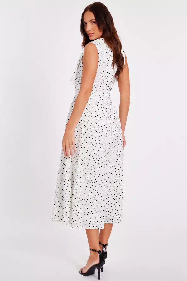 White Tie Neck Polka Dot Midaxi Dress