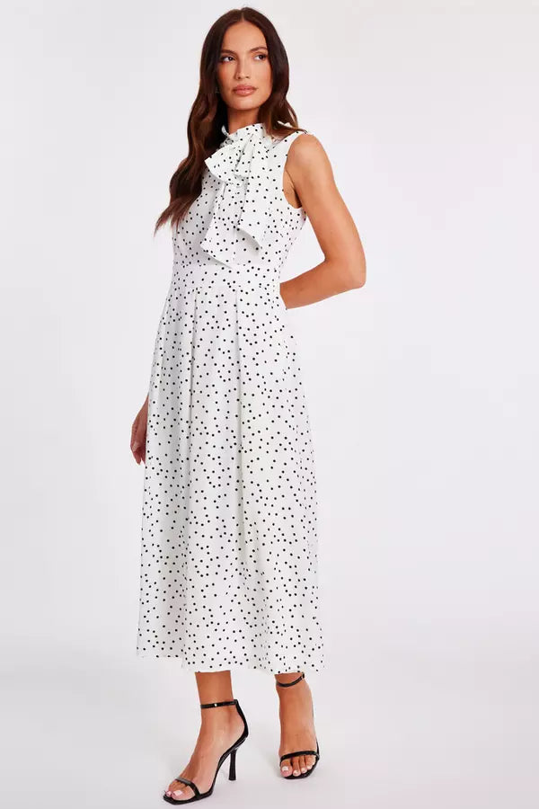 White Tie Neck Polka Dot Midaxi Dress