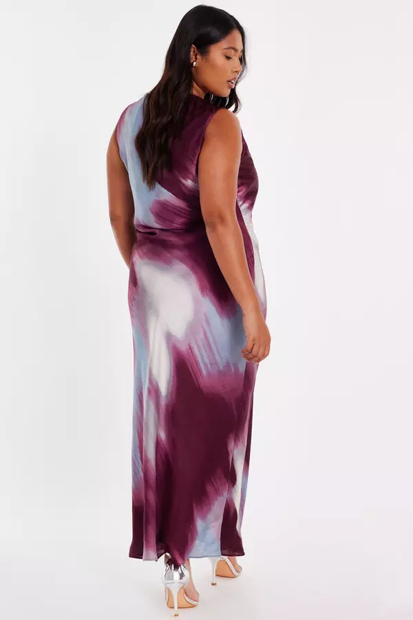 Curve Dark Red Printed Satin Midaxi Dress