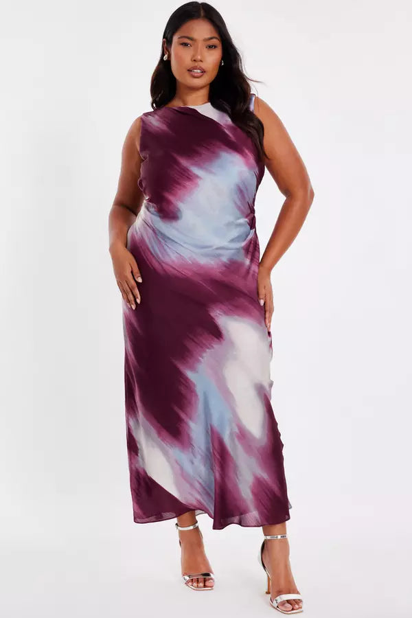 Curve Dark Red Printed Satin Midaxi Dress
