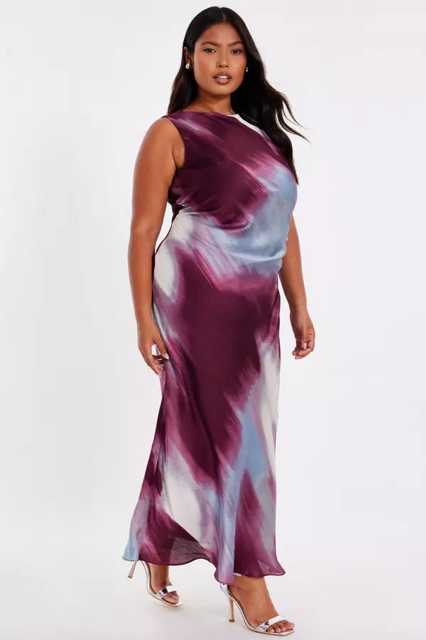 Curve Dark Red Printed Satin Midaxi Dress