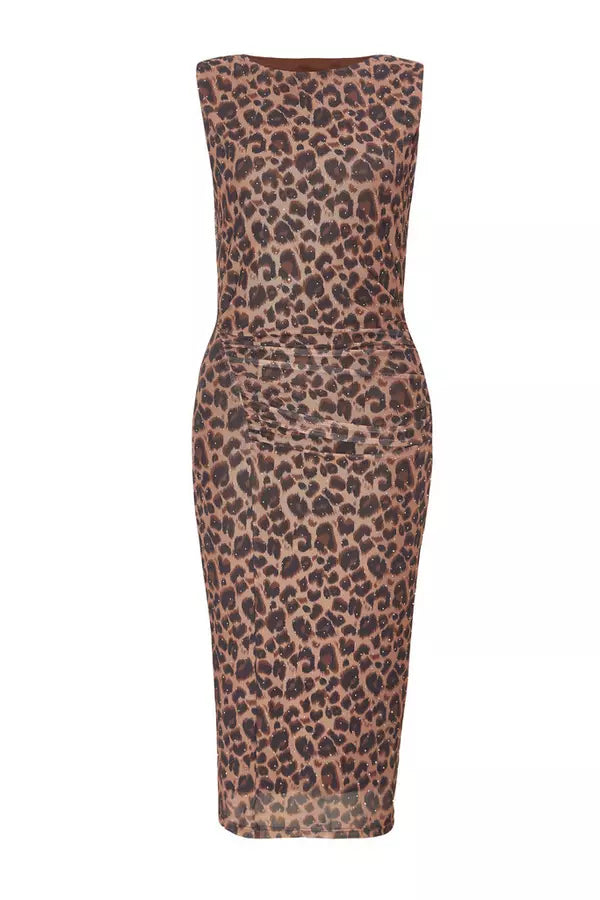 Petite Brown Mesh Leopard Print Midi Dress