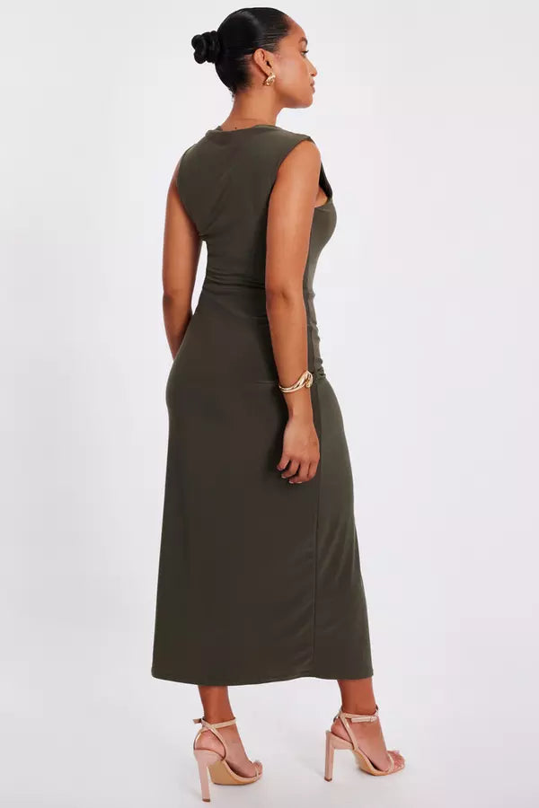 Petite Khaki Ruched Bodycon Midaxi Dress