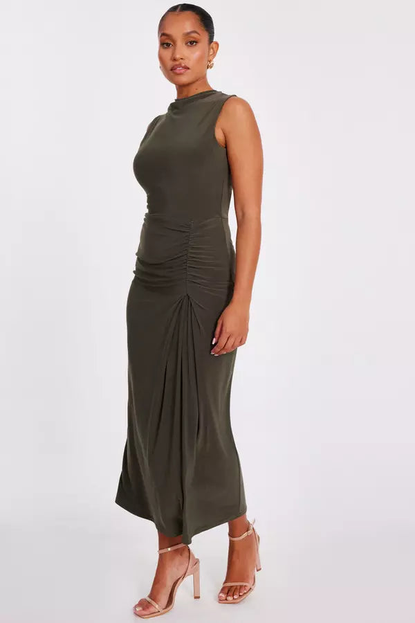 Petite Khaki Ruched Bodycon Midaxi Dress