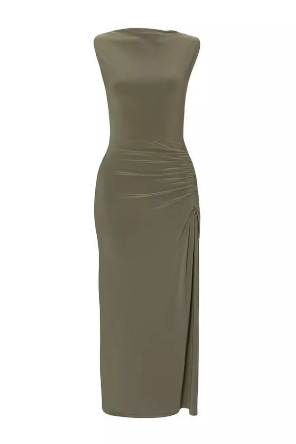 Petite Khaki Ruched Bodycon Midaxi Dress