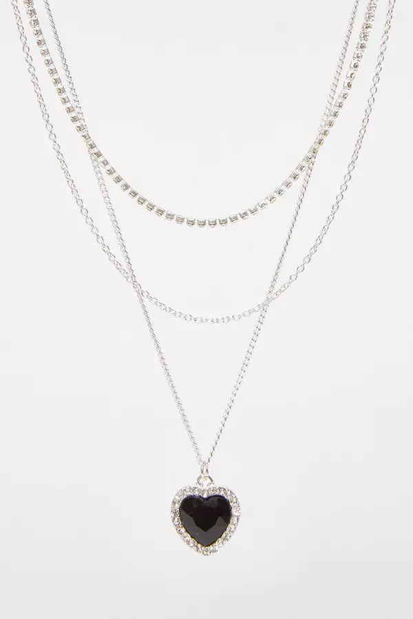 Black Diamante Heart Layered Necklace
