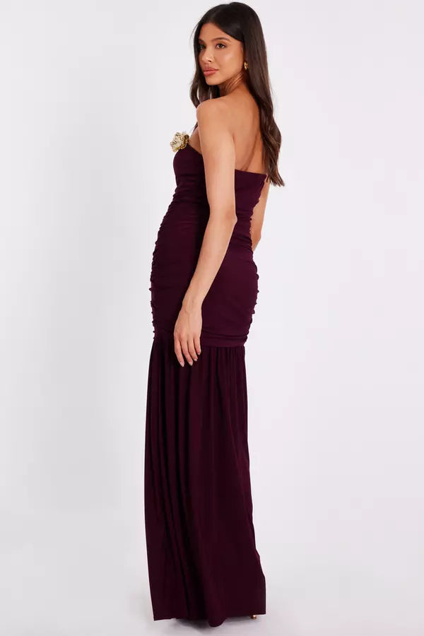 Dark Red Strapless Corsage Maxi Dress