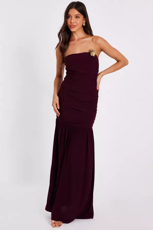 Dark Red Strapless Corsage Maxi Dress