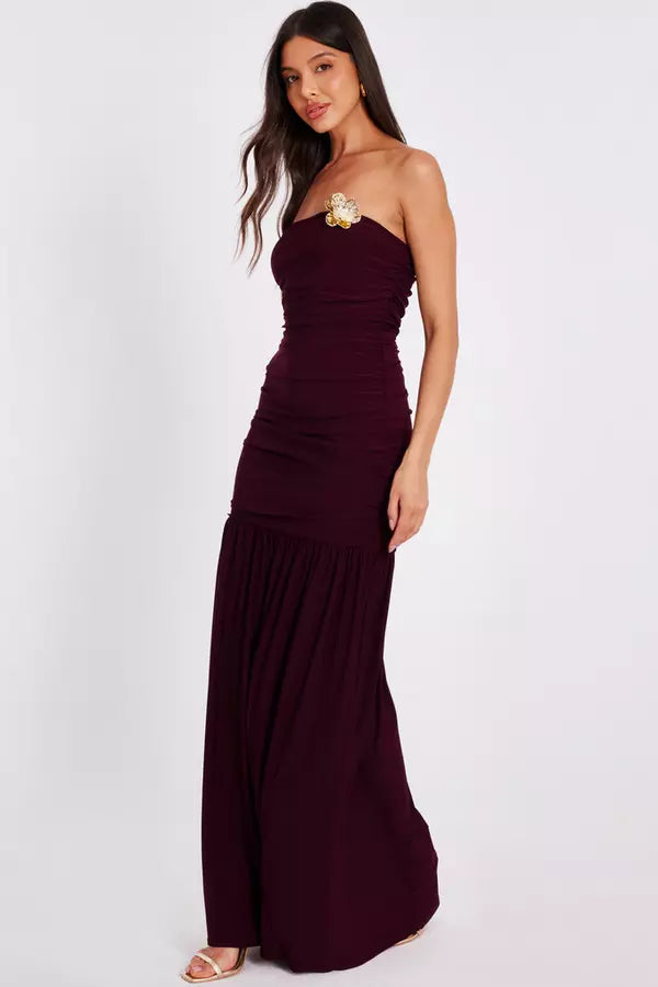 Dark Red Strapless Corsage Maxi Dress