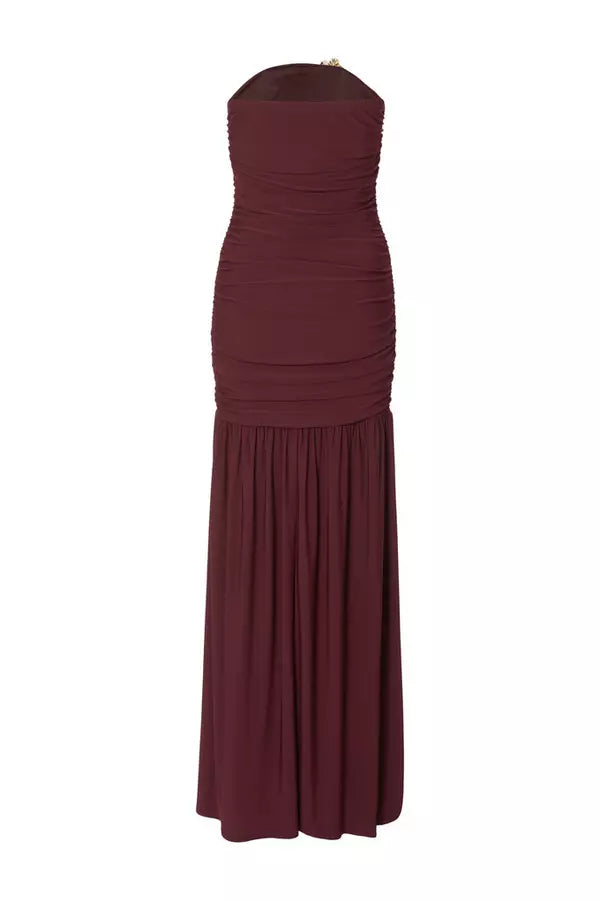 Dark Red Strapless Corsage Maxi Dress