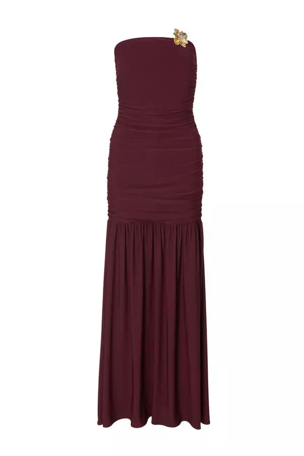Dark Red Strapless Corsage Maxi Dress