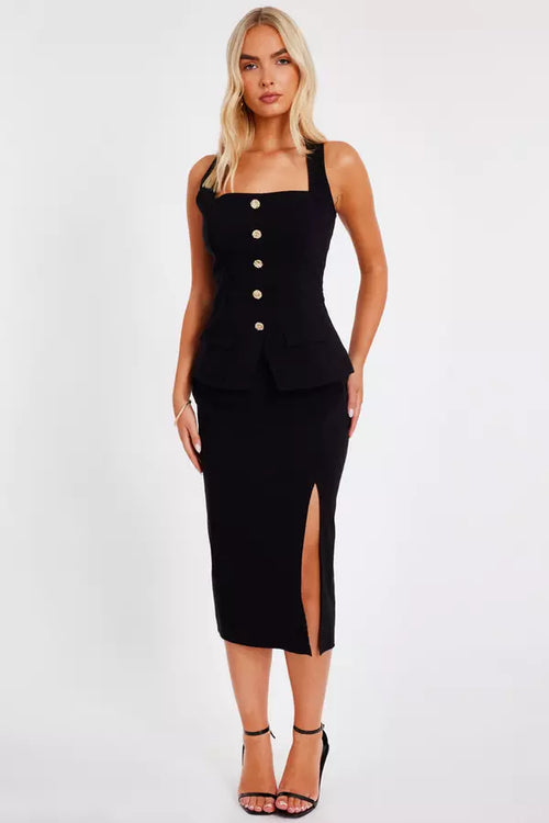 Black Button Front Midi Dress