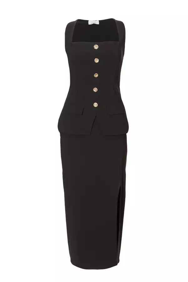 Black Button Front Midi Dress