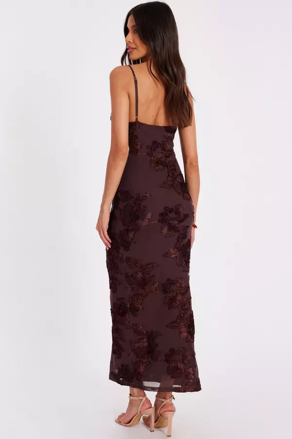 Brown Floral Applique Midaxi Dress