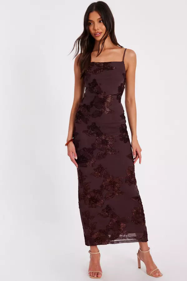 Brown Floral Applique Midaxi Dress
