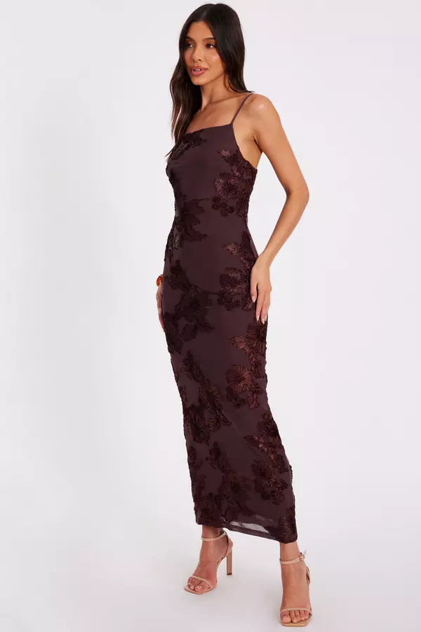 Brown Floral Applique Midaxi Dress