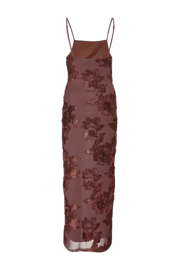 Brown Floral Applique Midaxi Dress