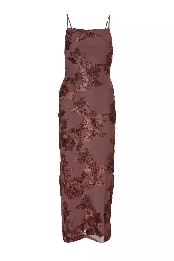 Brown Floral Applique Midaxi Dress