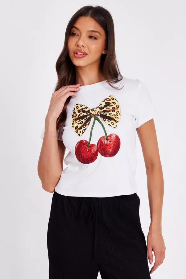 White Cherry Print Crop Top