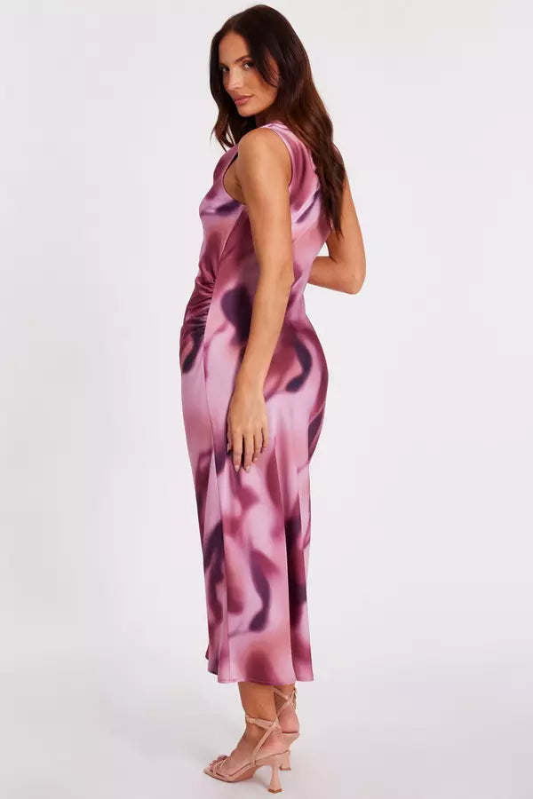 Pink Satin Printed Midaxi Dress