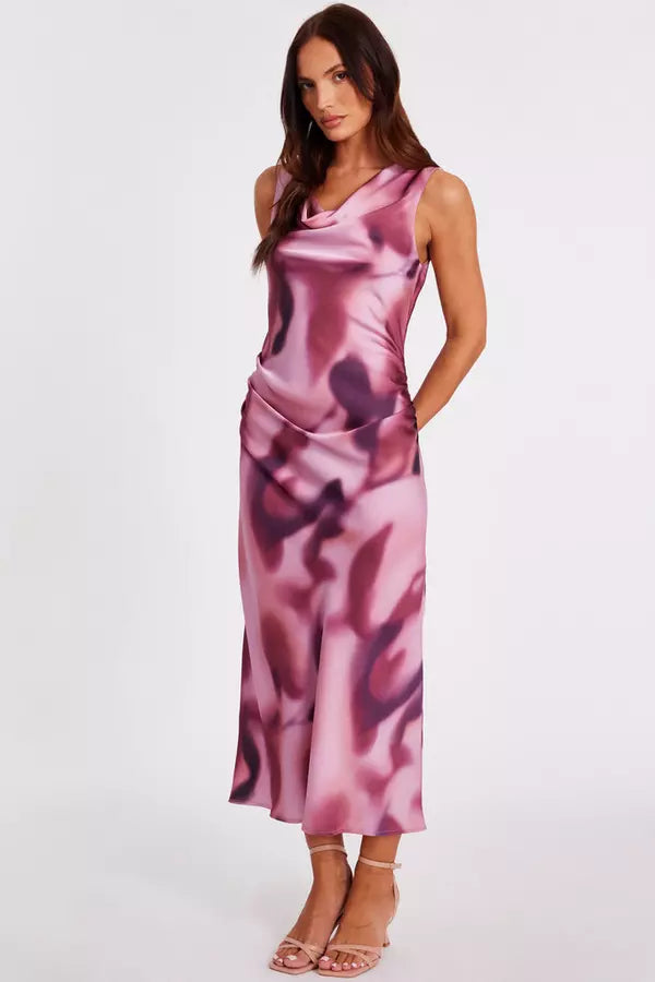 Pink Satin Printed Midaxi Dress