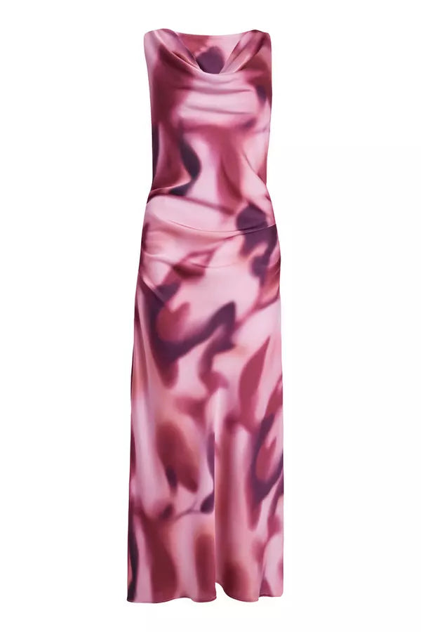 Pink Satin Printed Midaxi Dress