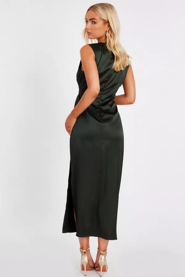 Khaki Satin Buckle Side Midaxi Dress