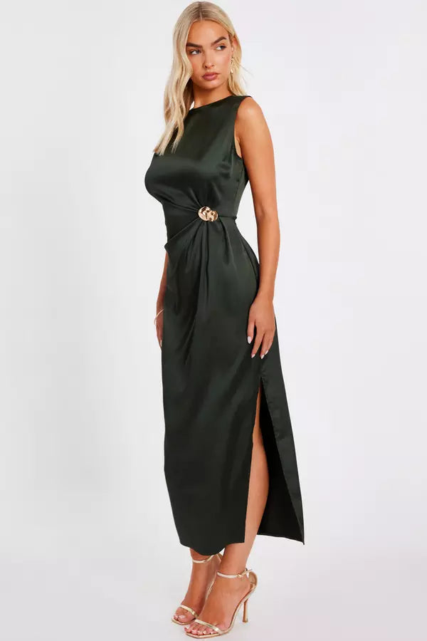 Khaki Satin Buckle Side Midaxi Dress