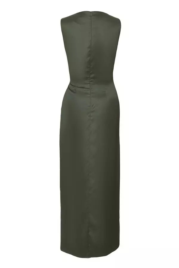 Khaki Satin Buckle Side Midaxi Dress