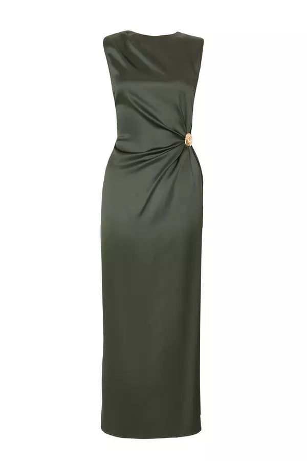 Khaki Satin Buckle Side Midaxi Dress