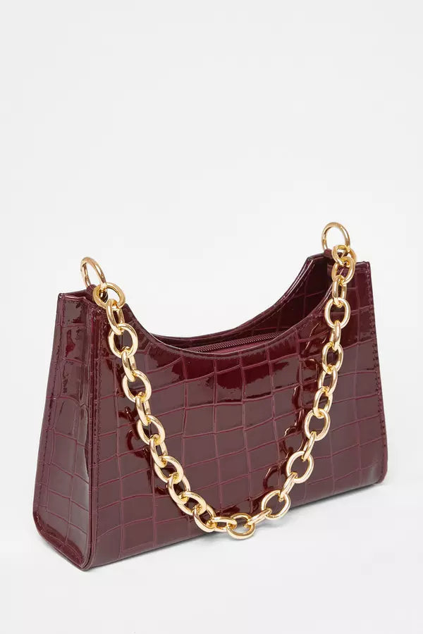 Dark Red Croc Chain Shoulder Bag