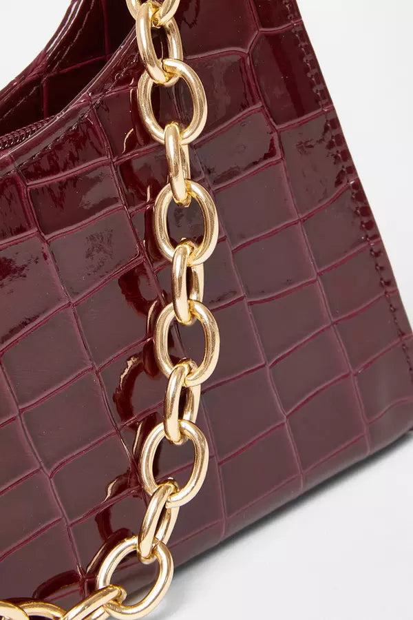 Dark Red Croc Chain Shoulder Bag