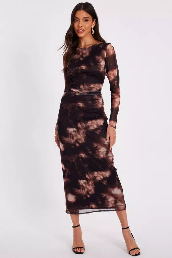 Black Printed Long Sleeve Midaxi Dress