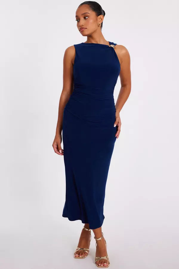 Petite Navy Gold Buckle Midaxi Dress