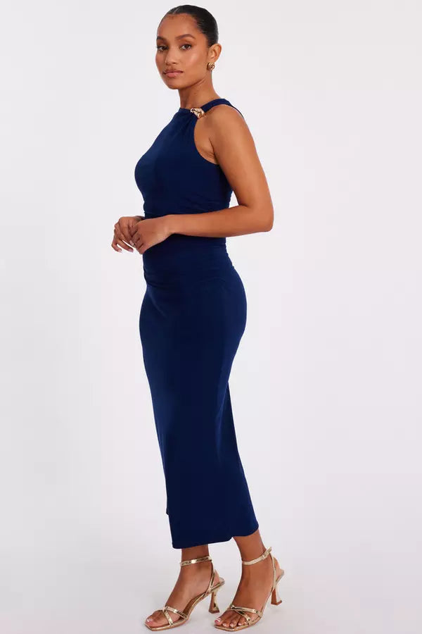 Petite Navy Gold Buckle Midaxi Dress