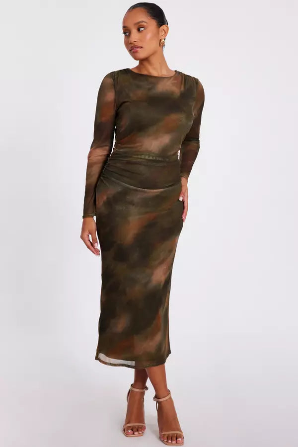 Petite Khaki Printed Long Sleeve Midaxi Dress
