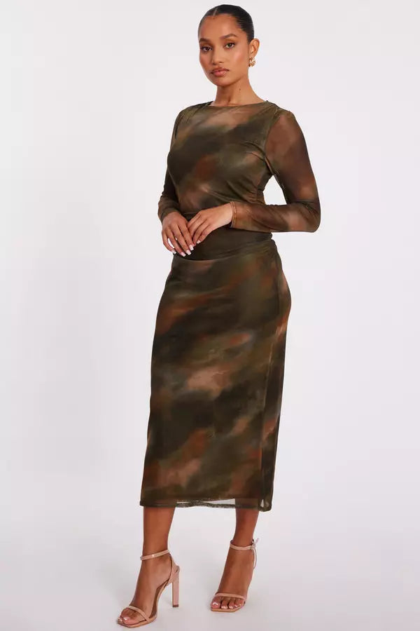 Petite Khaki Printed Long Sleeve Midaxi Dress