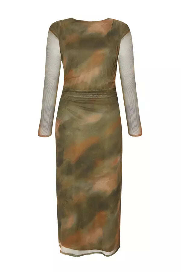 Petite Khaki Printed Long Sleeve Midaxi Dress