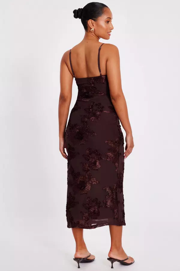 Petite Brown Floral Applique Midaxi Dress