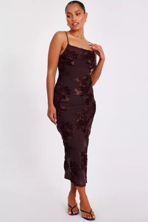 Petite Brown Floral Applique Midaxi Dress