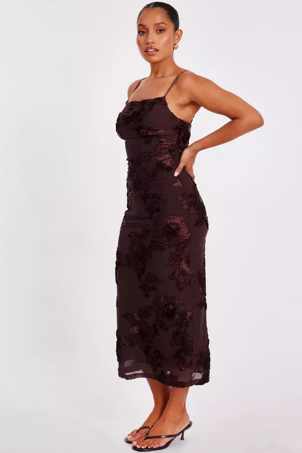 Petite Brown Floral Applique Midaxi Dress